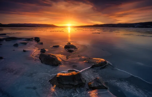 Лед, зима, небо, солнце, закат, природа, озеро, камни
