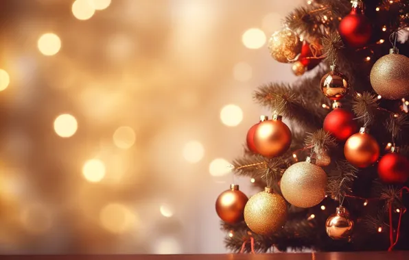 Украшения, фон, шары, елка, Новый Год, Рождество, red, golden