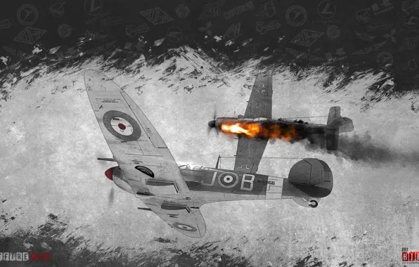 Небо, облака, самолет, война, минимализм, истребитель, Spitfire, World of Warplanes
