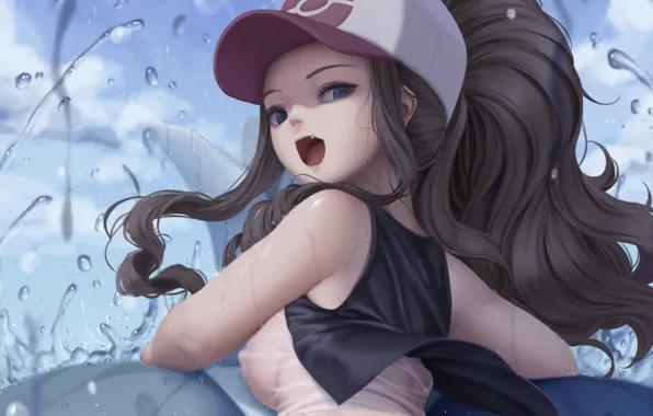 Girl, sexy, cleavage, long hair, nipples, boobs, anime, blue eyes