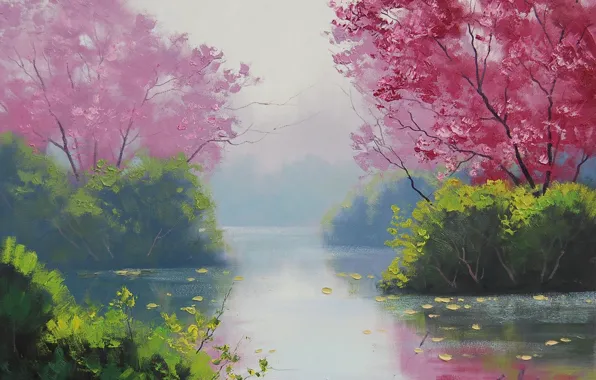 Картинка листья, вода, деревья, пейзаж, озеро, отражение, арт, цветение