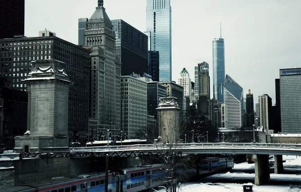 Картинка зима, снег, мост, здания, небоскребы, америка, чикаго, Chicago