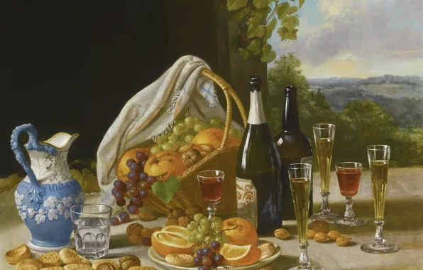 Картинка стол, вино, корзина, кувшин, фрукты, John F. Francis