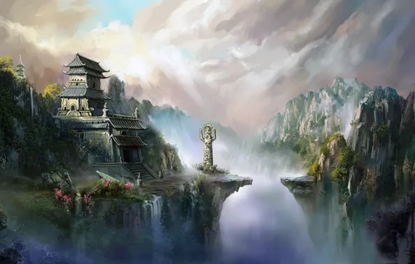 Облака, горы, дом, азия, водопад, ущелье, статуя