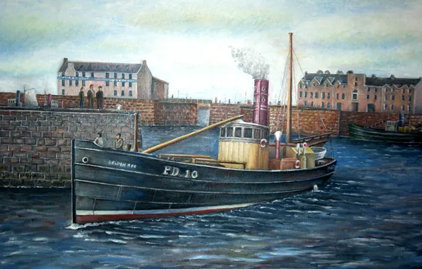 Картинка масло, картина, Шотландия, холст, PD10 &ampquot;Золотой жезл&ampquot;, рыбацкая гавань, сейнер, порт Peterhead