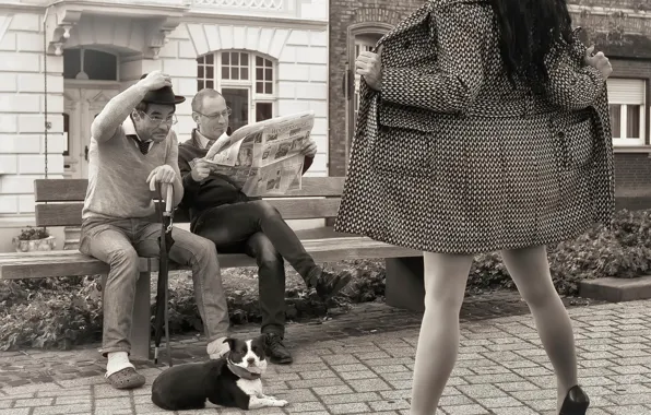Парк, женщина, лавочка, мужики, сидят, разделась, хвастается