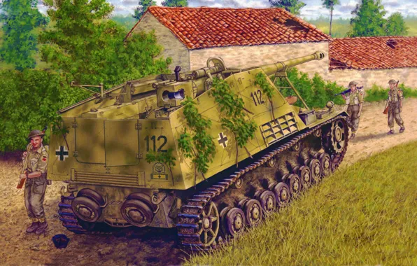 War, art, painting, tank, WW2, Sd.Kfz.164 Nashorn