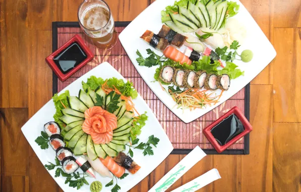 Food, beer, sushi, chopsticks, sake