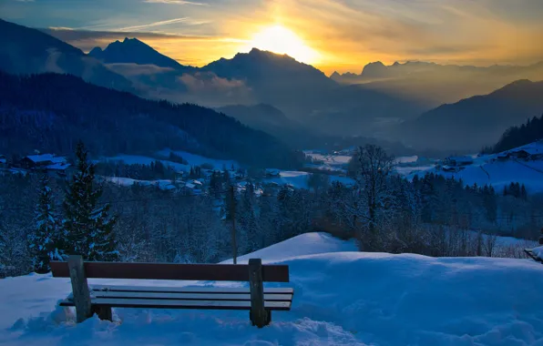 Зима, солнце, пейзаж, закат, горы, природа, Германия, Бавария
