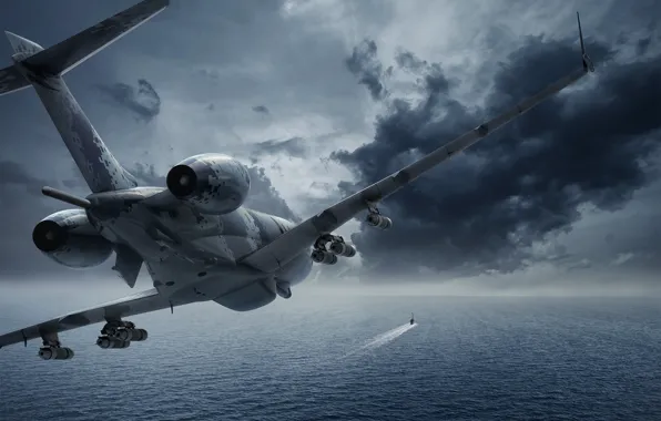 Картинка море, тучи, самолет, оружие, противолодочный, SAAB, Swordfish, подводнaя лодка