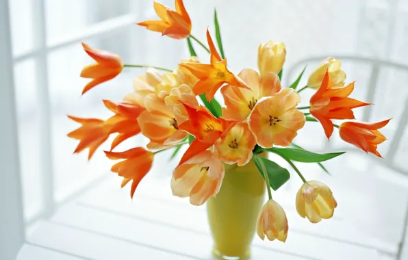 Ваза, цветы, стол, окно, tulips in the green vase, тюльпаны