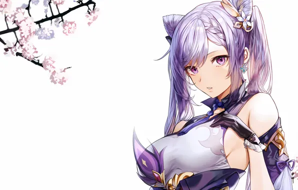 Girl, sexy, blouse, long hair, boobs, anime, beautiful, purple eyes