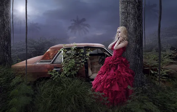 Девушка, деревья, пальмы, фантазия, платье, арт, автомобиль