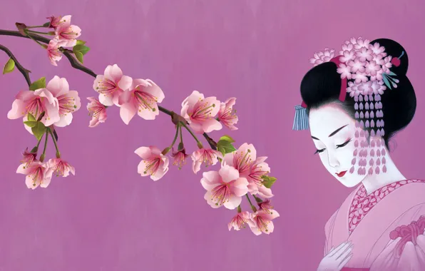 Девушка, японка, весна, сакура, арт, кимоно, традиция, канзаши