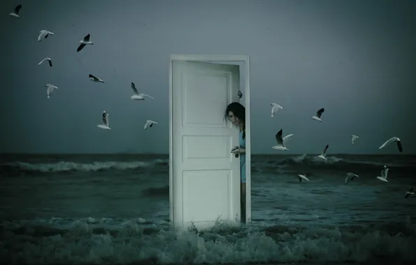 Море, девушка, птицы, ситуация, дверь