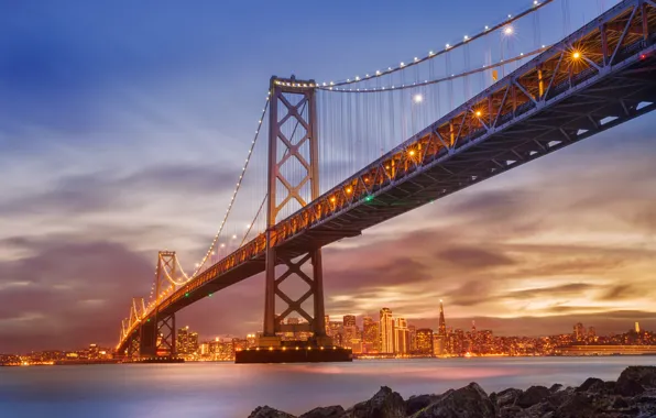 Море, огни, горизонт, Калифорния, Сан-Франциско, Bay Bridge