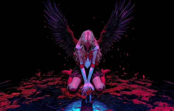 Темный фон, кровь, крылья, перья, digital art, темный ангел, фэнтези арт, dark angel fallen