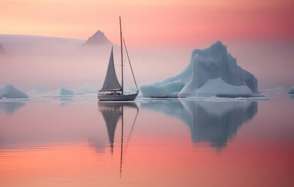 Море, туман, отражение, рассвет, утро, яхта, айсберг, льды