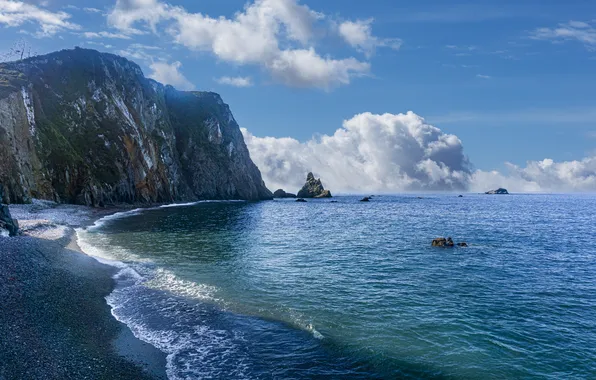 Море, пляж, небо, облака, горы, синева, скалы, берег
