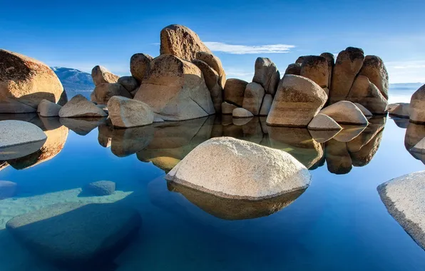 Картинка rocks, clear water, calm waters, blue, sky blue, calm, reflection, water