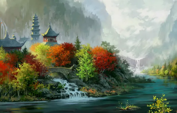 Картинка осень, озеро, мир, дома, речка, Фантастический, рисованый