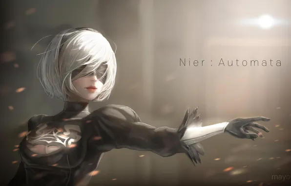 Девушка, искры, NieR: Automata, YoRHa No. 2 Type B, протягивает руку