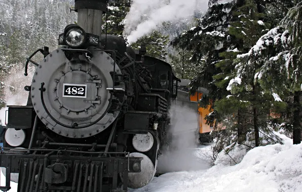 Картинка зима, лес, снег, деревья, горы, движение, паровоз, вагоны
