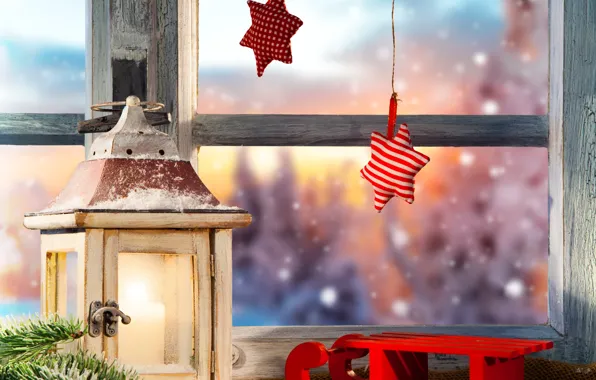 Картинка зима, снег, елка, звёзды, окно, фонарь, Новый год, Christmas