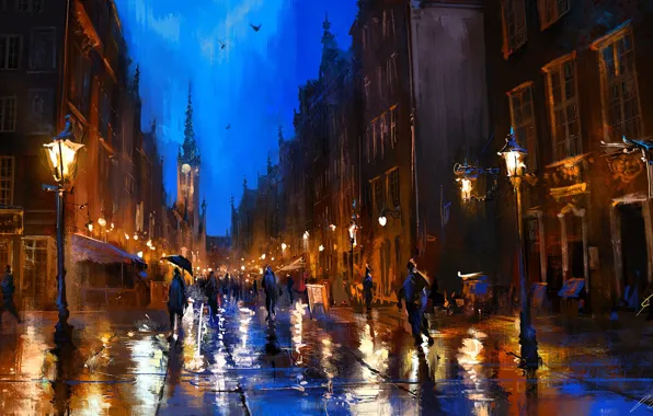 City, rain, umbrella, evening, street, people, painting, buildings