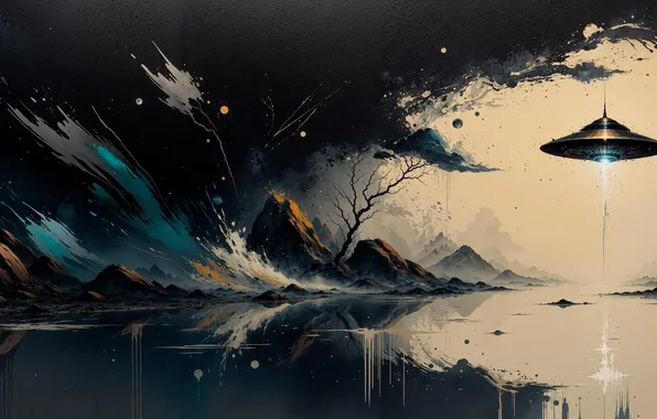 Горы, брызги, краски, mountains, spaceship, космический корабль, splashes, paints