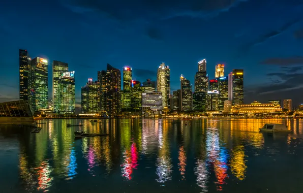Вода, ночь, огни, отражение, побережье, небоскребы, Сингапур