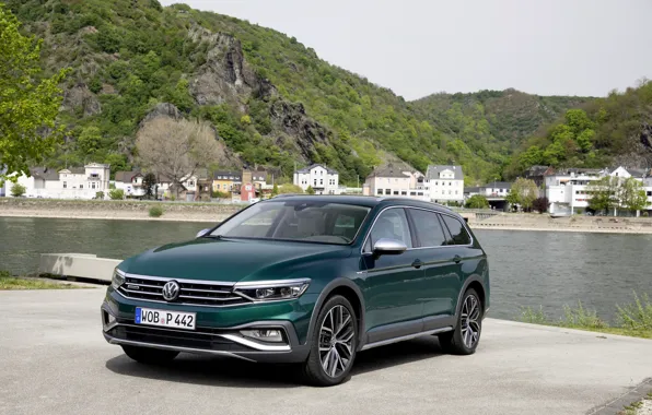 Картинка река, Volkswagen, универсал, Passat, тёмно-зелёный, Alltrack, 2019