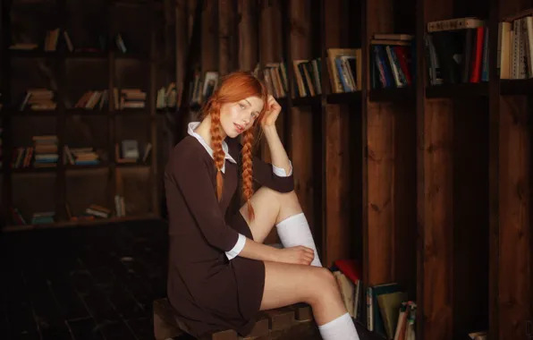 Dress, model, women, redhead, sitting, socks, braids, library