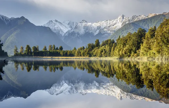 Деревья, горы, озеро, отражение, Новая Зеландия, New Zealand, водная гладь, Lake Matheson