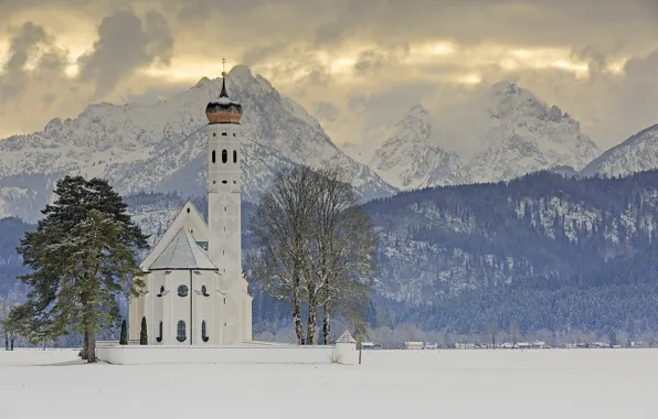 Зима, деревья, горы, Германия, Бавария, Альпы, церковь, Germany