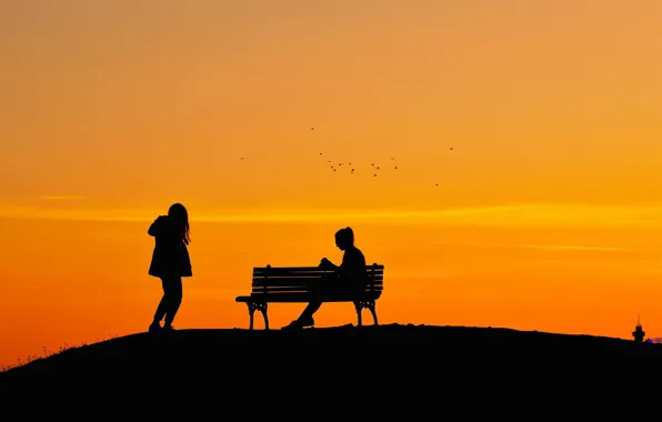 Закат, силуэт, зарево, скамья