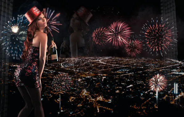 Картинка отражение, бутылка, панорама, Новый год, фейерверк, шампанское, ночной город, Tancy Marie