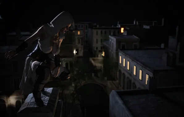 Грудь, ночь, город, рендеринг, капюшон, убийца, assassin's creed