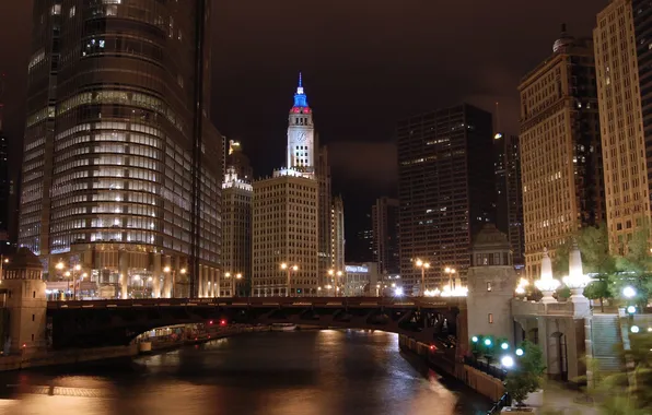 Картинка ночь, город, огни, небоскребы, чикаго, Chicago