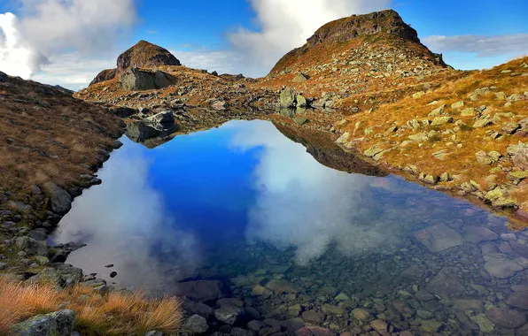 Облака, горы, озеро, отражение, Италия, Pietra Quadra