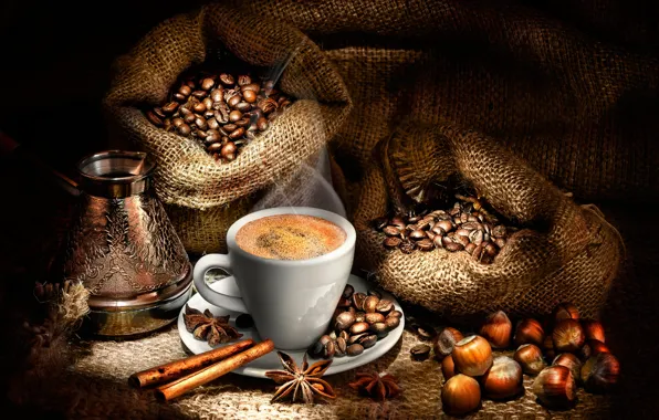 Картинка кофе, горячий, пар, чашка, напиток, полумрак, орехи, корица