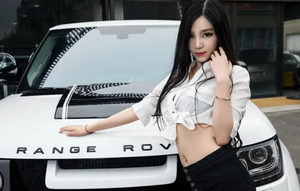 Взгляд, Девушки, Land Rover, азиатка, красивая девушка, позирует, белый авто