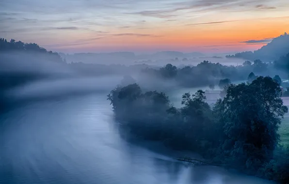 Картинка туман, река, рассвет, утро, Германия, Бавария