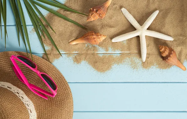 Картинка песок, пляж, лето, отдых, звезда, отпуск, шляпа, очки