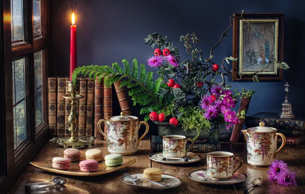 Картинка цветы, стол, книги, свеча, картина, окно, чаепитие, чашки