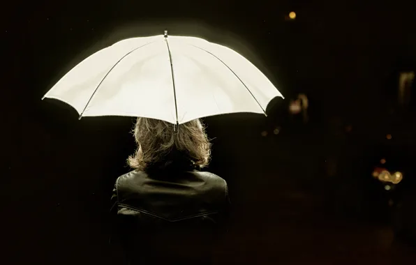 Картинка белый, ночь, дождь, женщина, зонт, люминесцентный