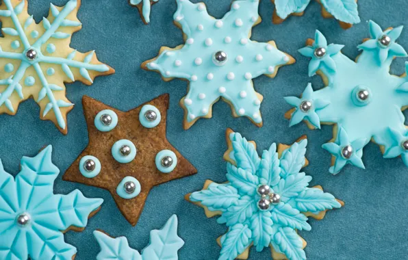 Зима, снежинки, еда, Новый Год, печенье, голубые, Рождество, сладости