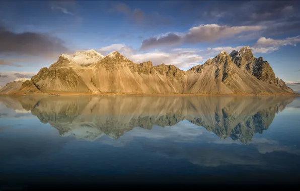 Небо, облака, отражение, Исландия, Iceland, Auster-Skaftafellssysla, Vestrahorn