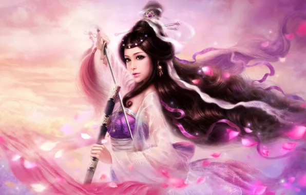 Картинка кисти, ruoxing zhang, арт, ленты, прическа, волосы, лепестки, девушка, меч