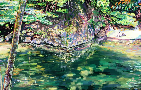 Картинка кот, вода, деревья, природа, озеро, отражение, арт, hikarinotubu
